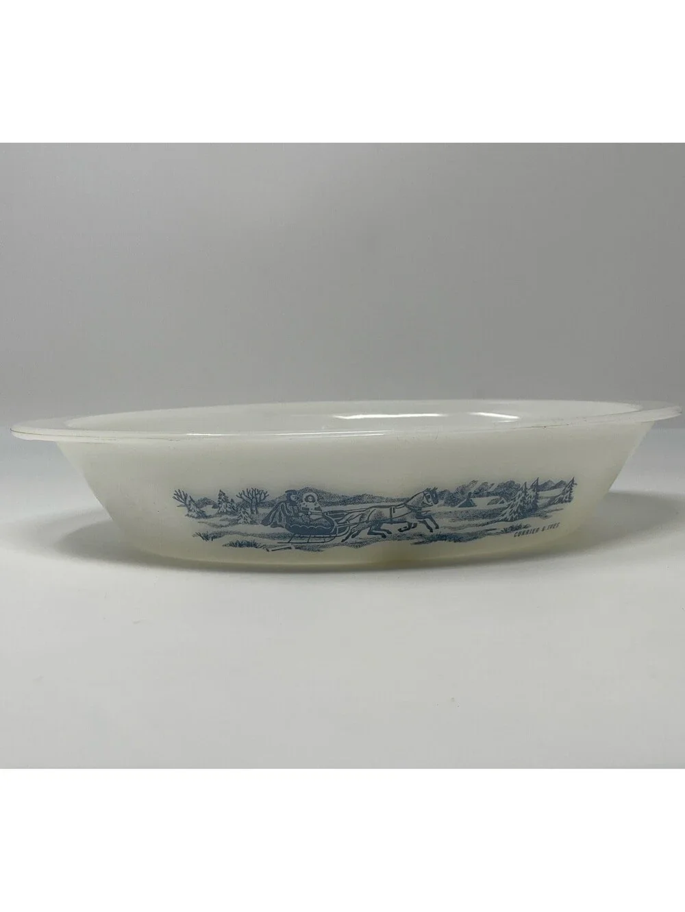 Vintage Glasbake Currier Ives Oval Glass J-2352 Divided Casserole Horse Sleigh